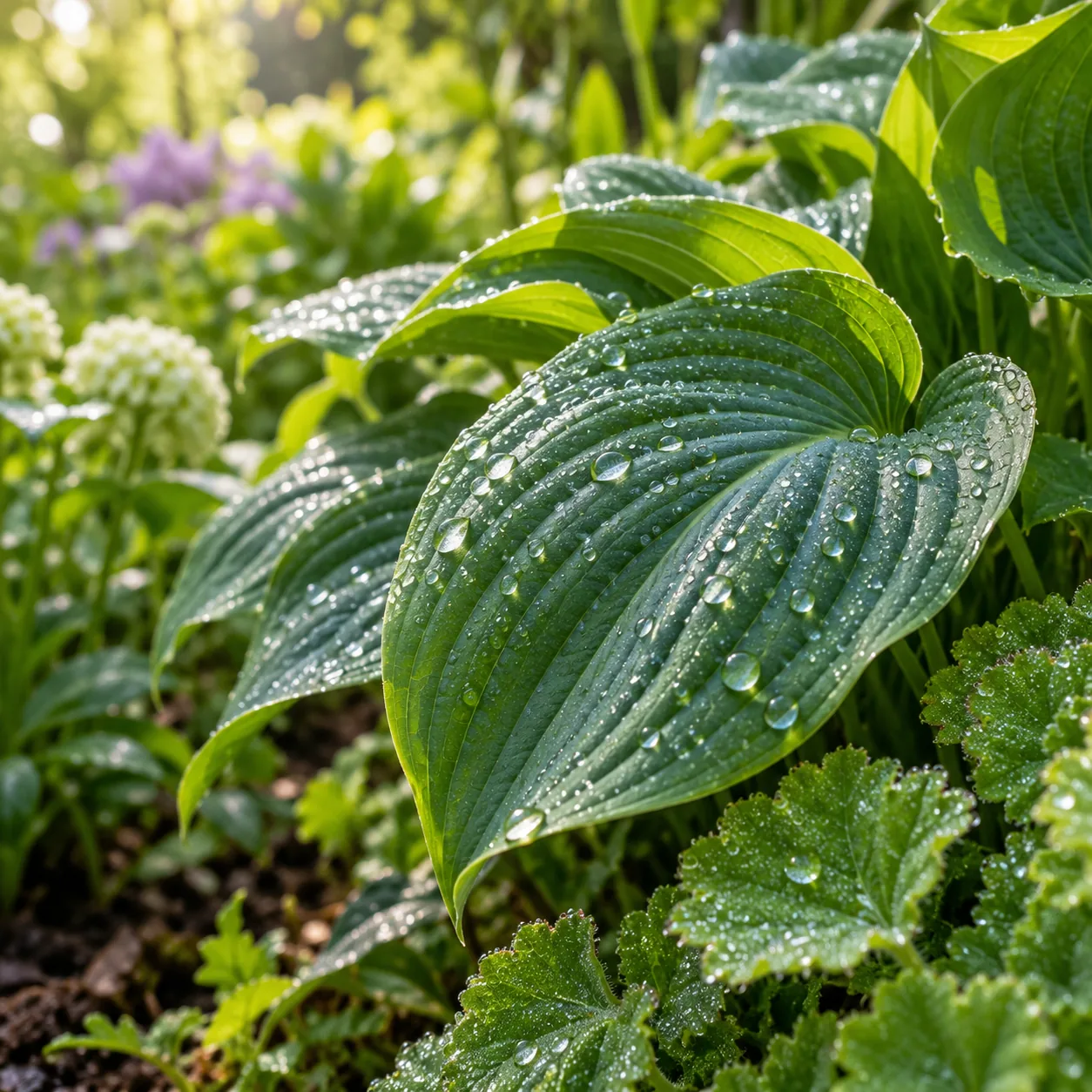 Fresh green garden leaves with drops of water